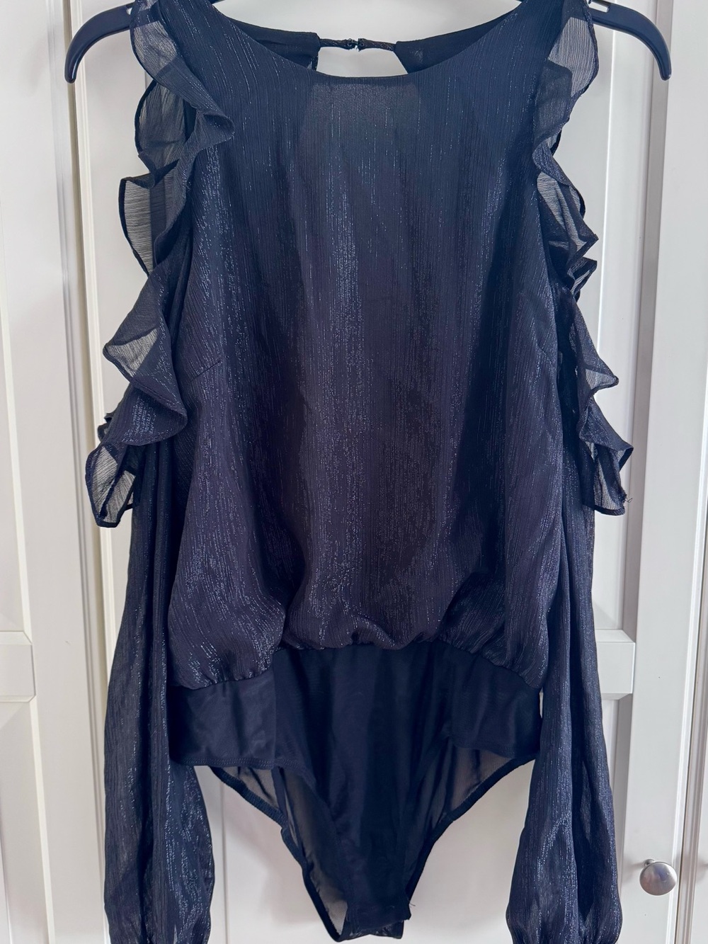 ASTR Black Ruffle-Sleeve Sheer Chiffon Bodysuit